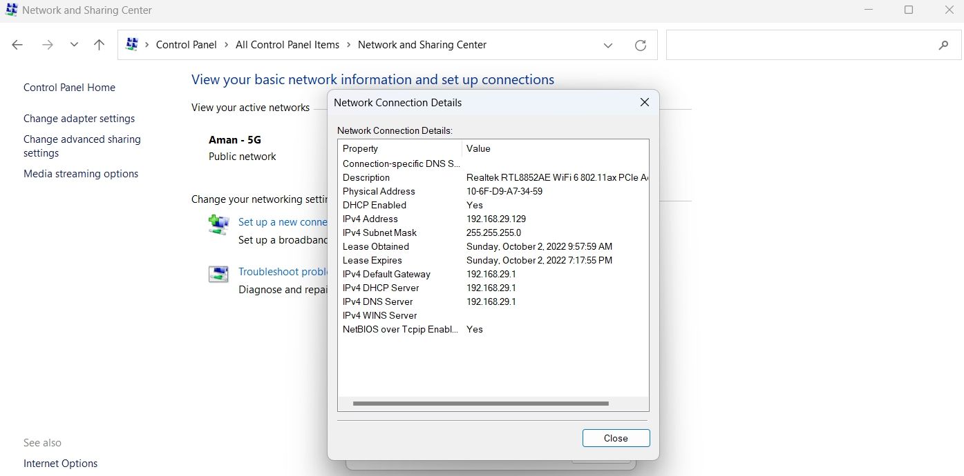 Viewing DNS Server in Control Panel window