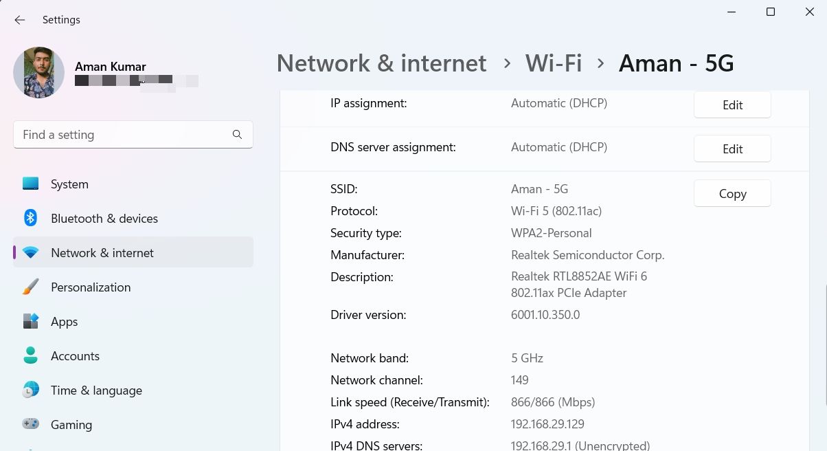 Viewing DNS Server in Settings menu