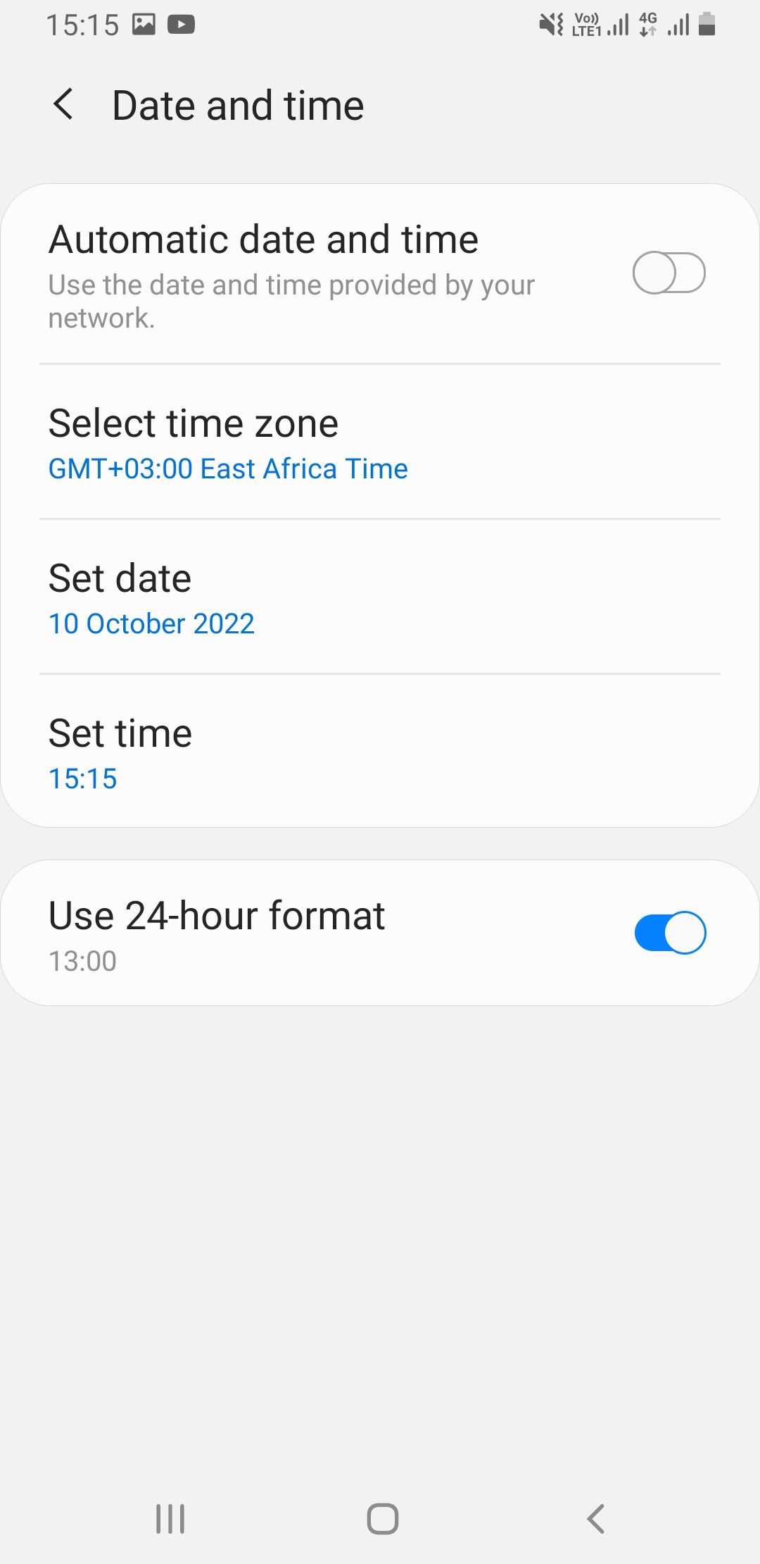 Tangkapan layar pengaturan waktu dan tanggal di Android