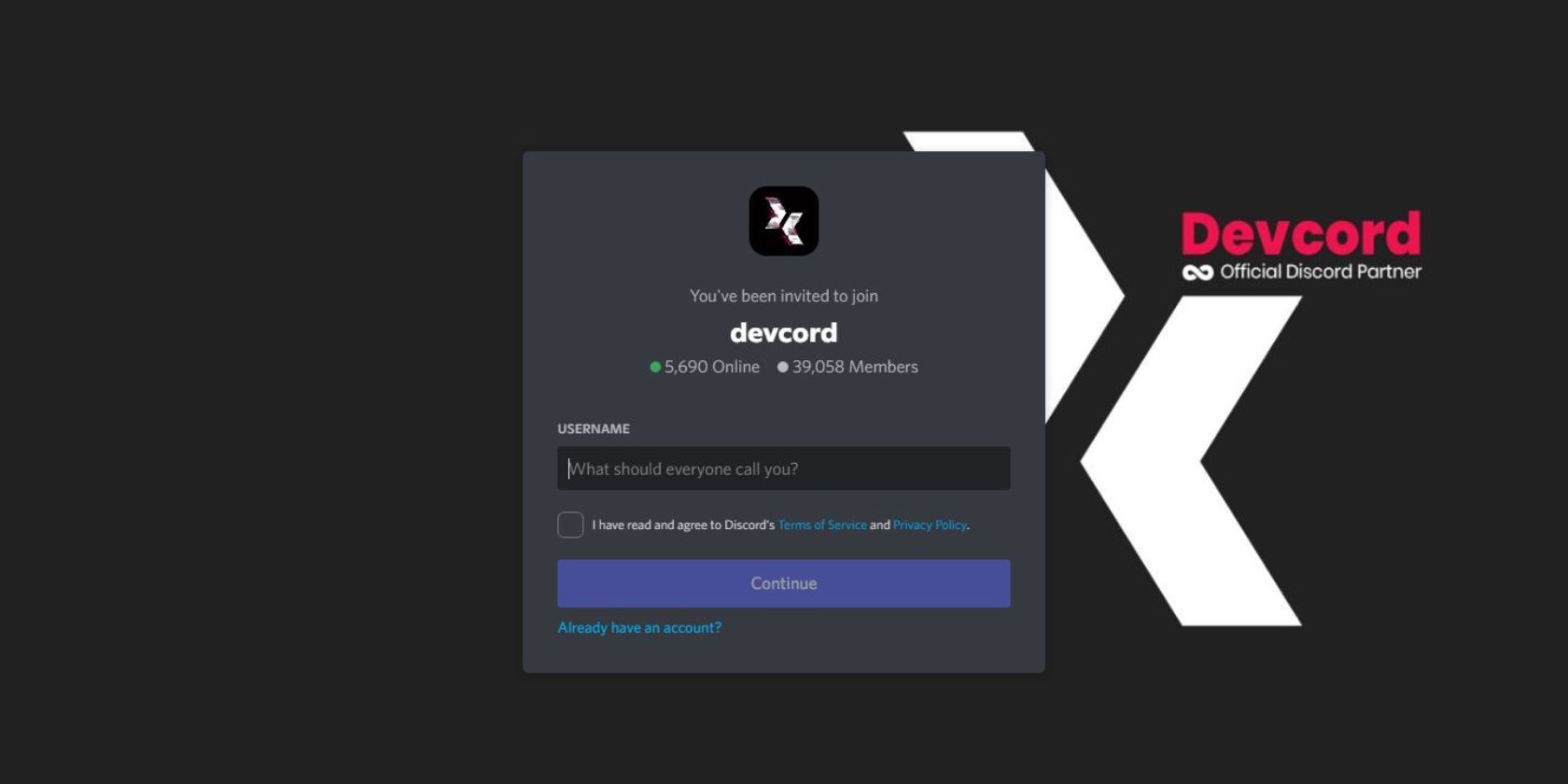  A screenshot of Devcord's invite page