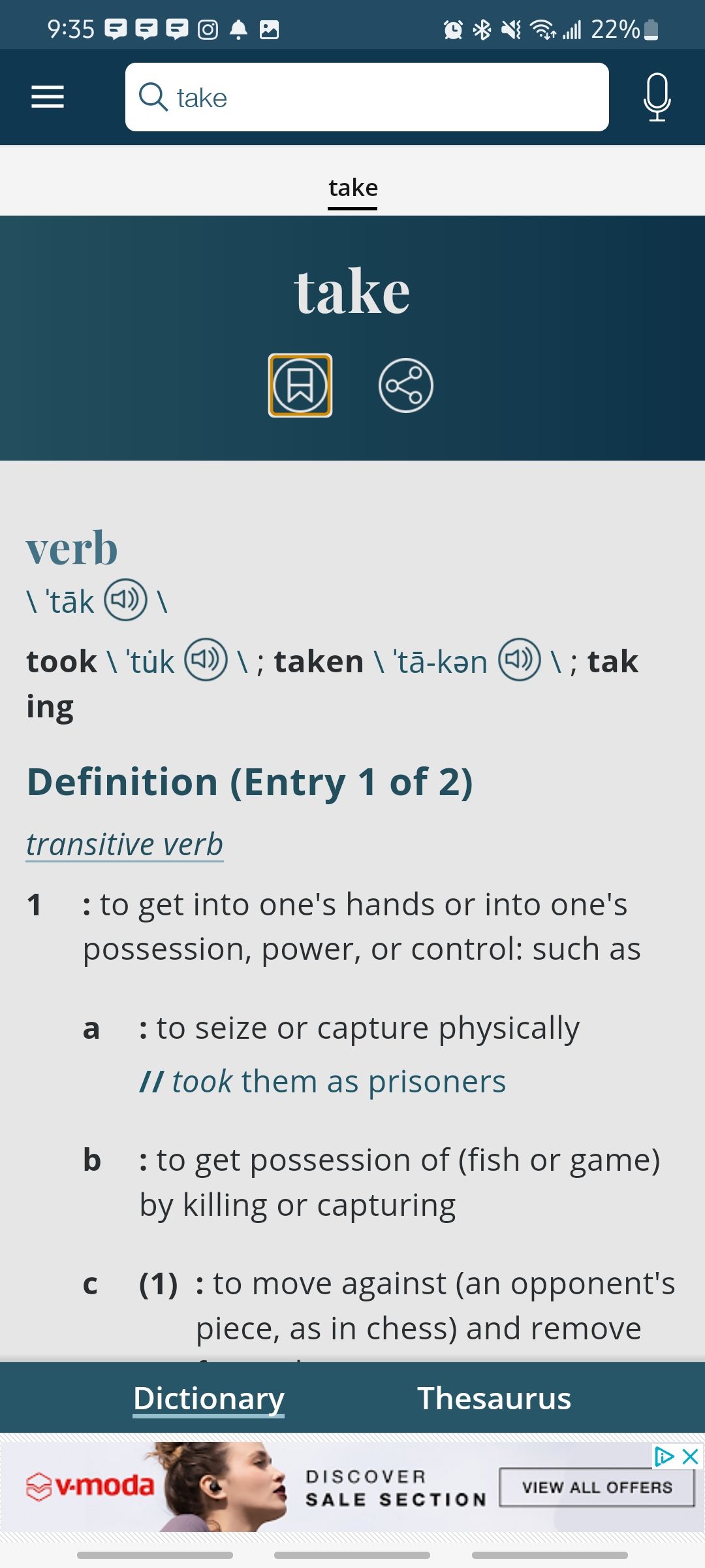 Dictionary definitions for the verb take in the Merriam-Webster app