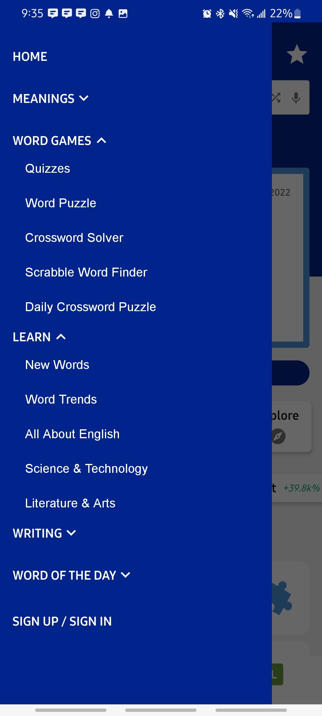 Dictionarycom app side bar menu