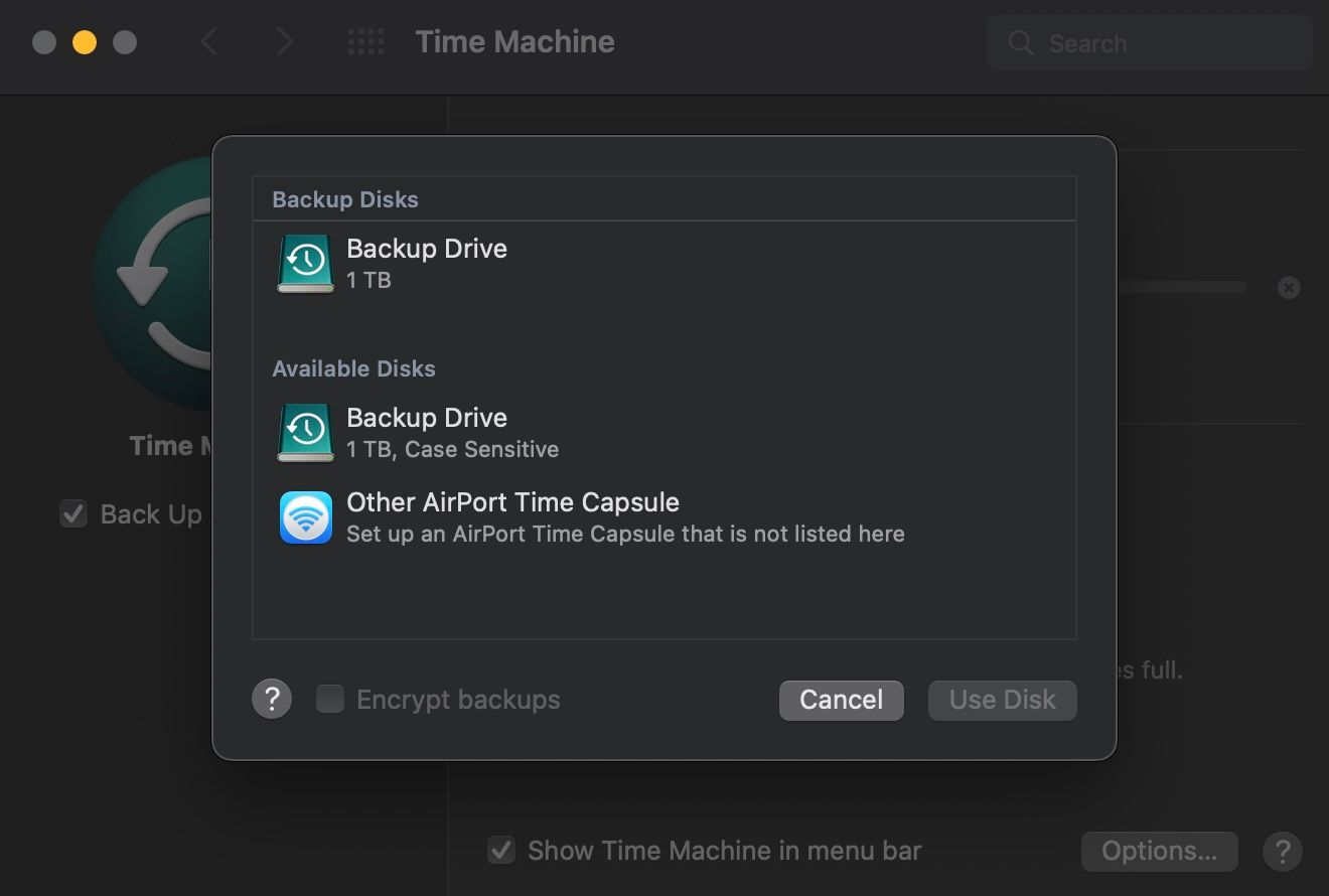 Disk selection window in Time Machine