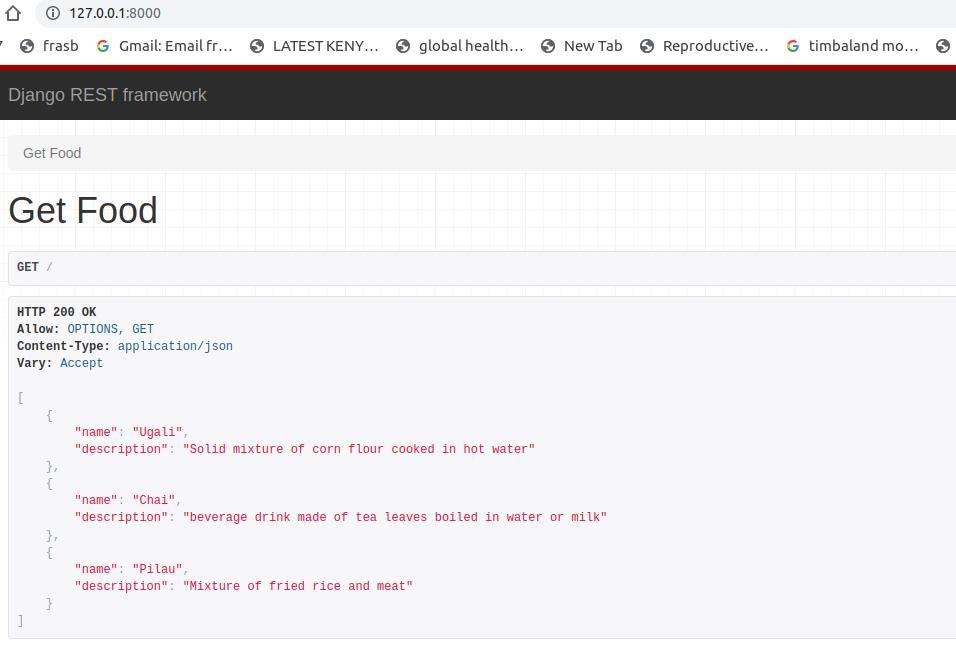Image shows how Django-rest framework displays API data on the browser