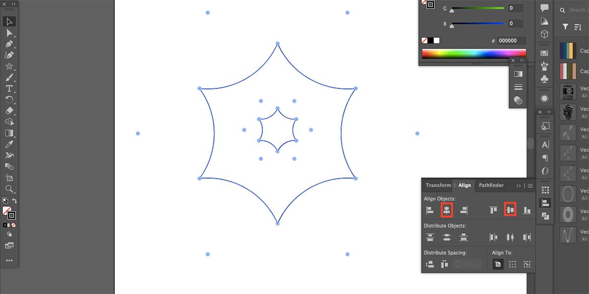 Illustrator canvas with two identical shapes aligned together.
