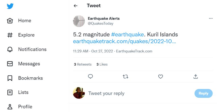 Screenshot of EarthQuake Alerts Twitter Bot