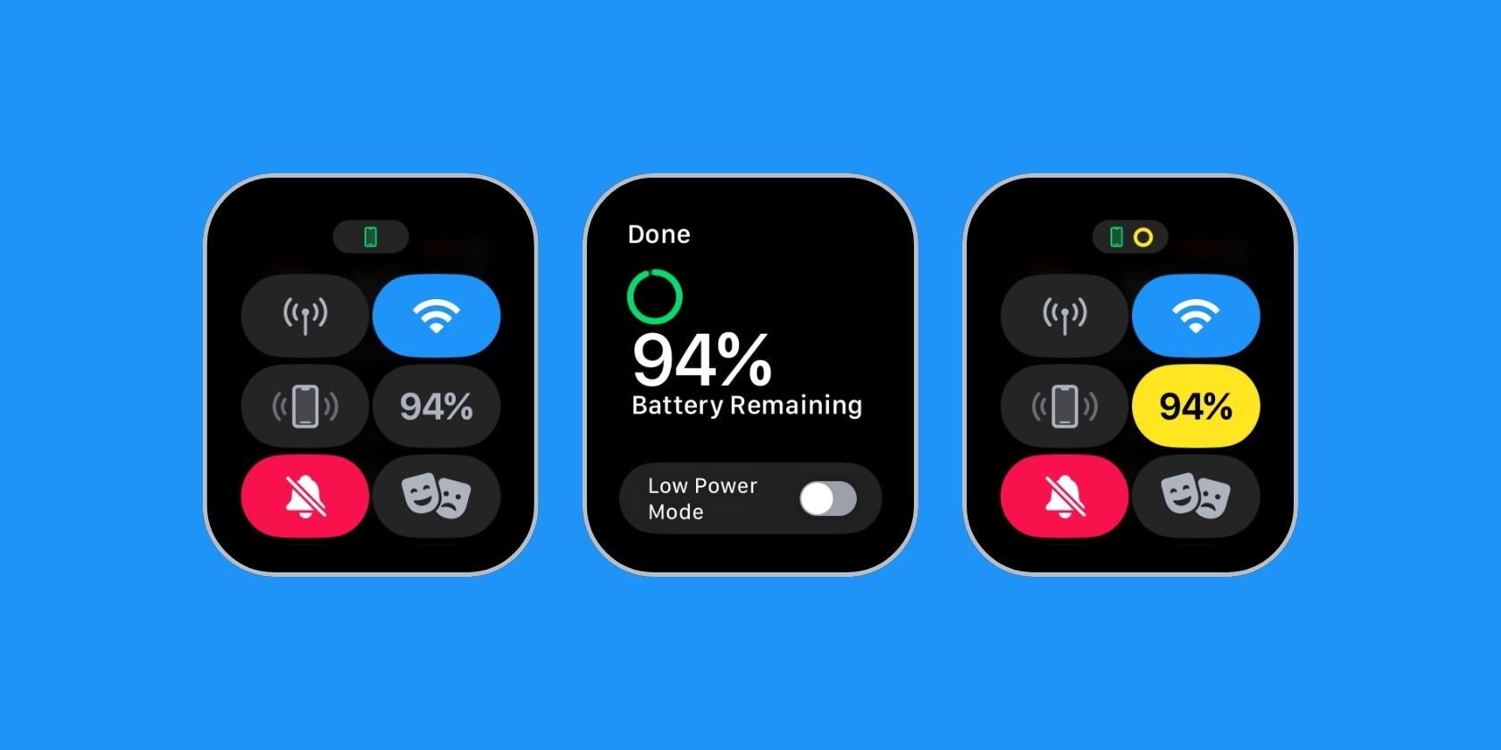 Image showing screens to enable Low Power Mode on Apple Watch