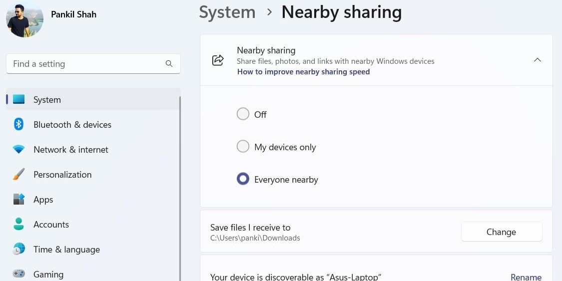 Enable Nearby Sharing in Windows 11