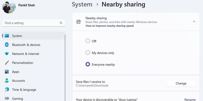 Enable Nearby Sharing in Windows 11