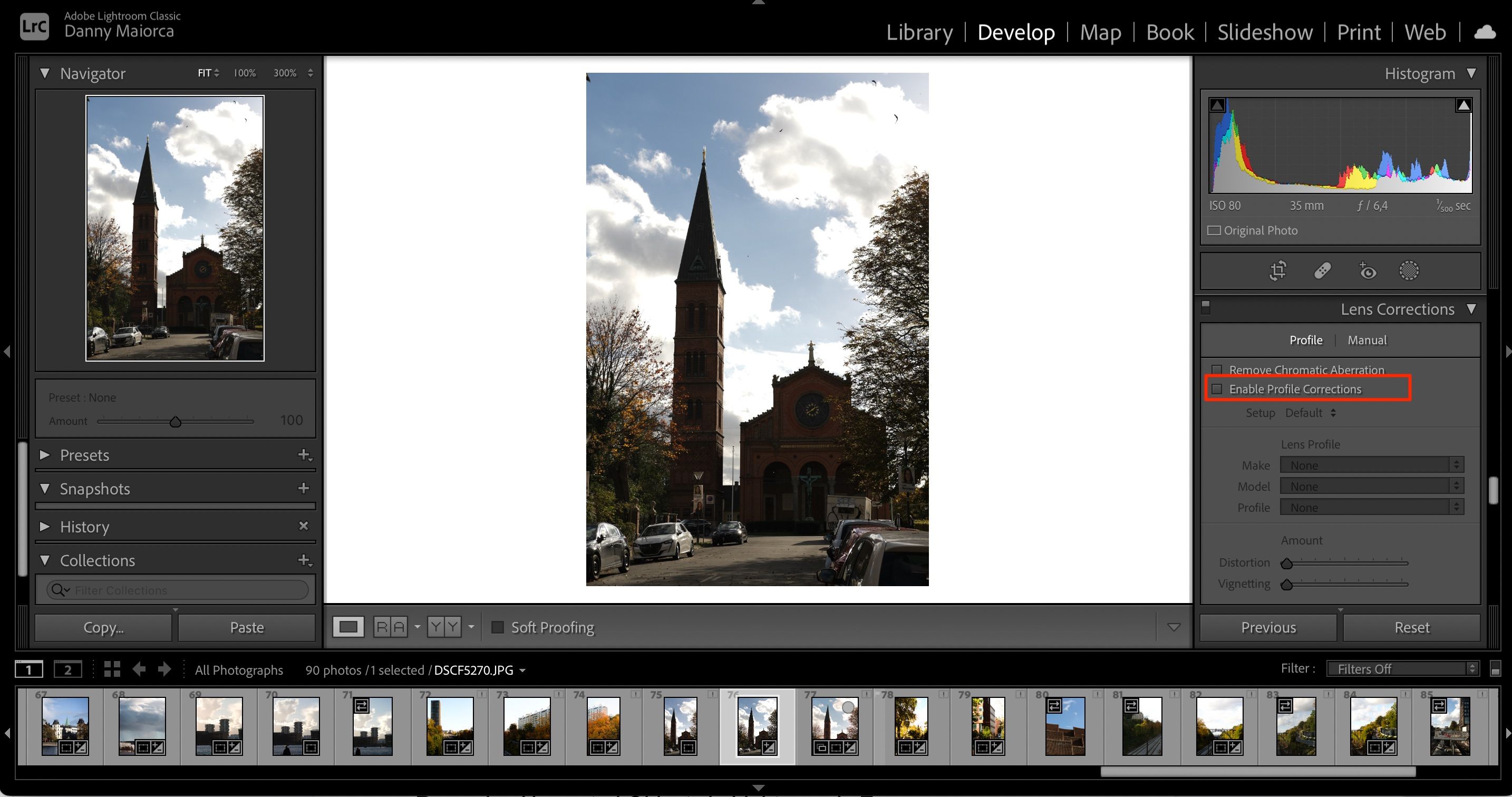 screenshot showing how to enable profile corrections in lightroom