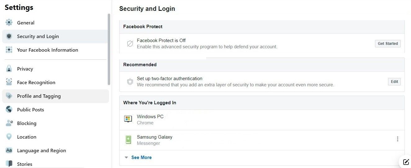 Enabling Facebook Protect in Facebook Settings