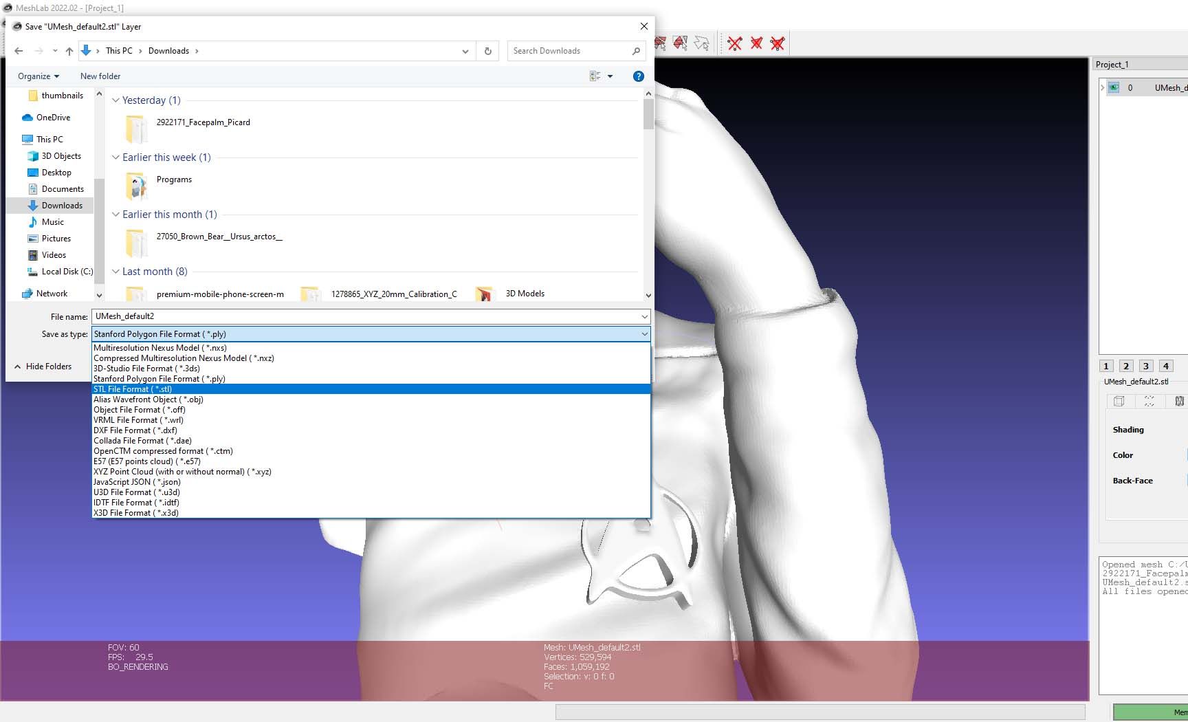 An option to export your files from MeshLab