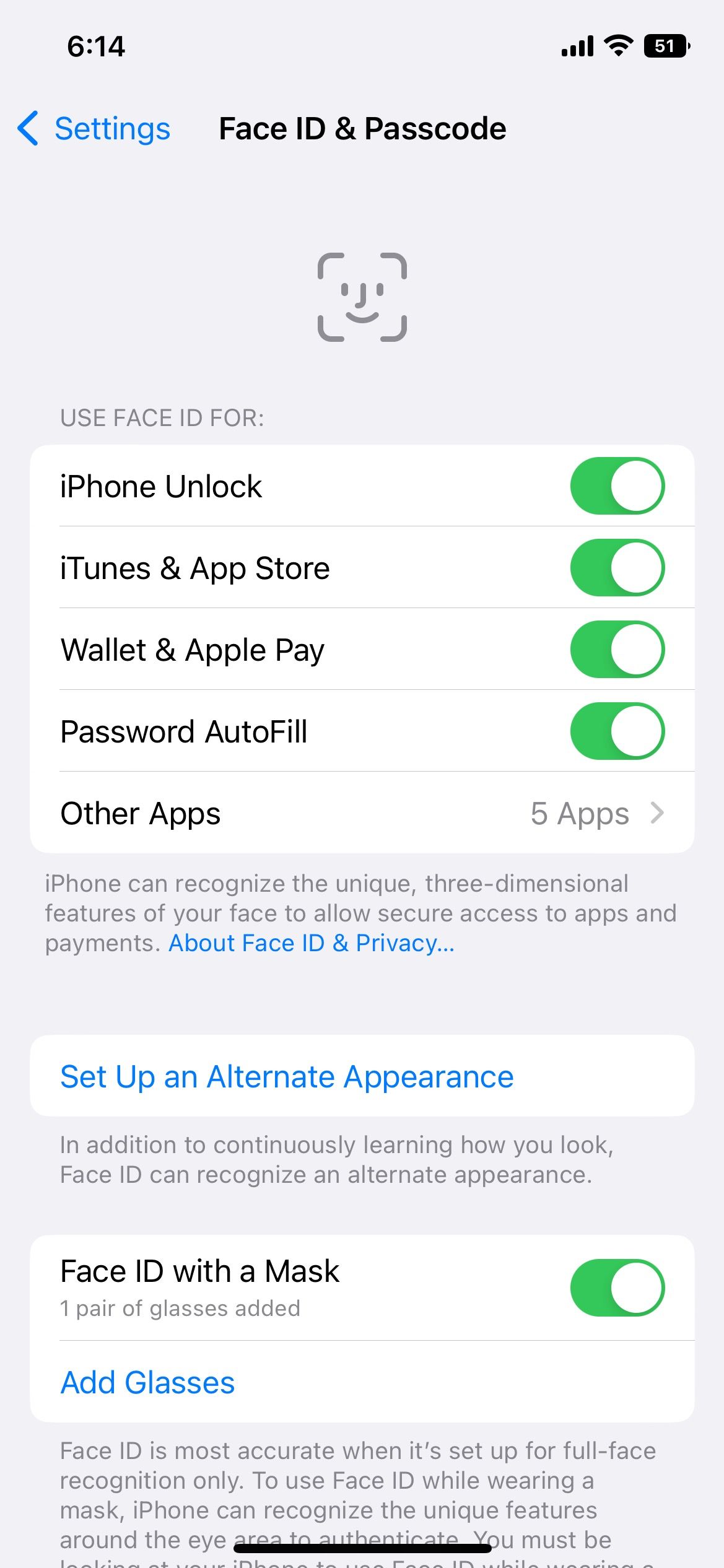 Face ID settings in iPhone