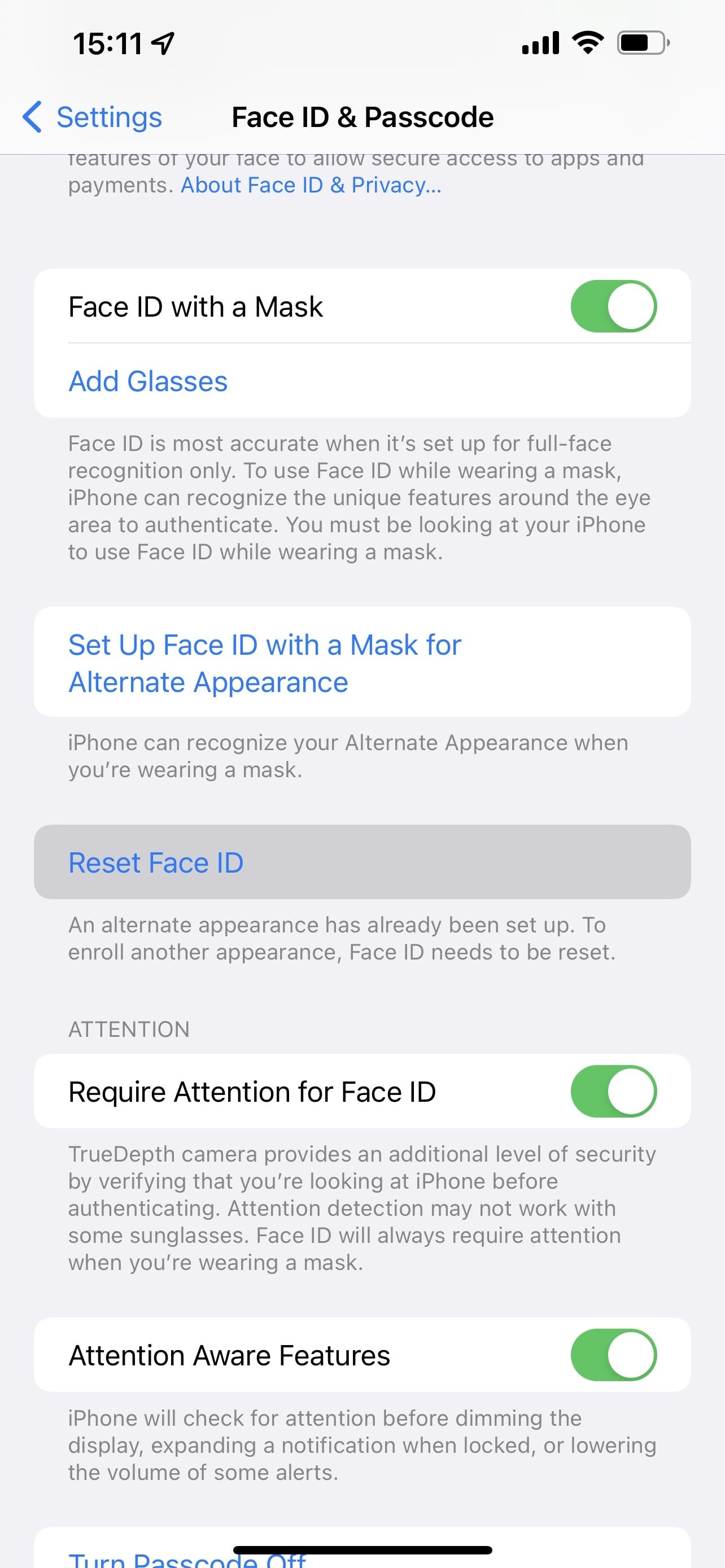 FaceID And Passcode Settings