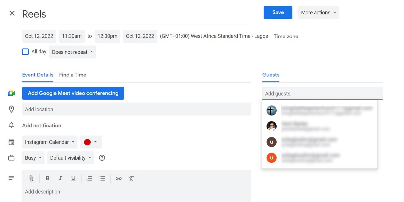 Screenshot showing details to fill on Google calendar