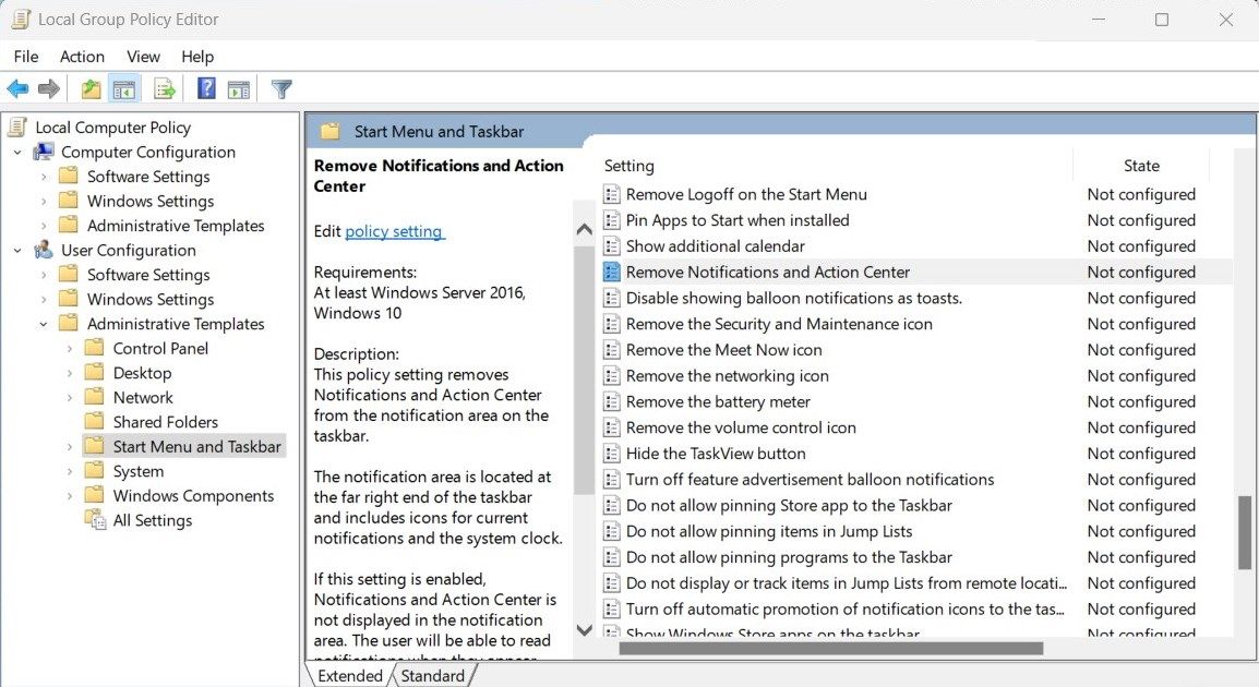 Fix Action Center not opening using Local Group Policy