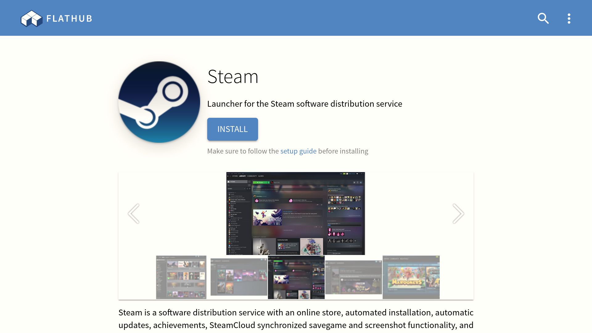 Flathub's download and install page for Steam Flatpak version
