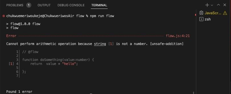 A screenshot of a Flow error caused because you cannot perform an arithmetic operation between the number six and the string hello.