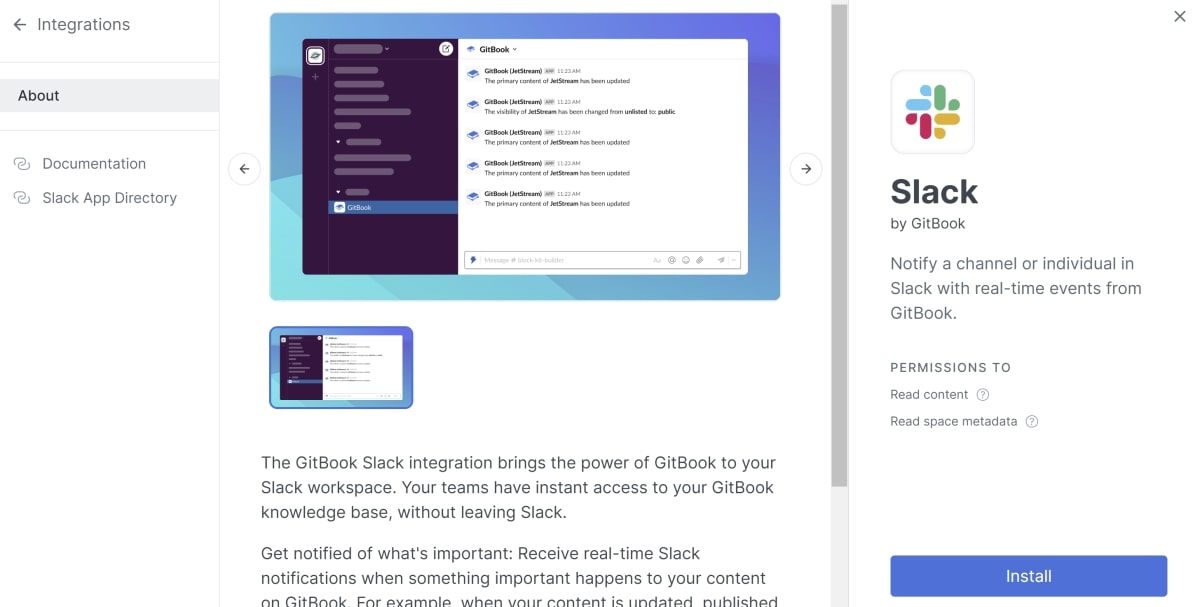 Install button for the Slack integration