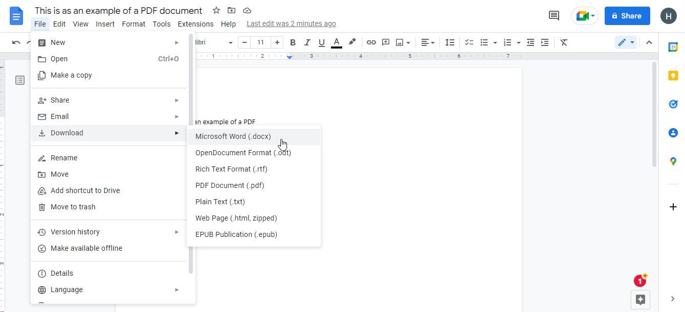 A Screenshot of Google Drives Download as docx Feature