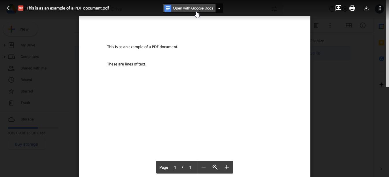 A Screenshot of Google Drives Open with Google Docs button