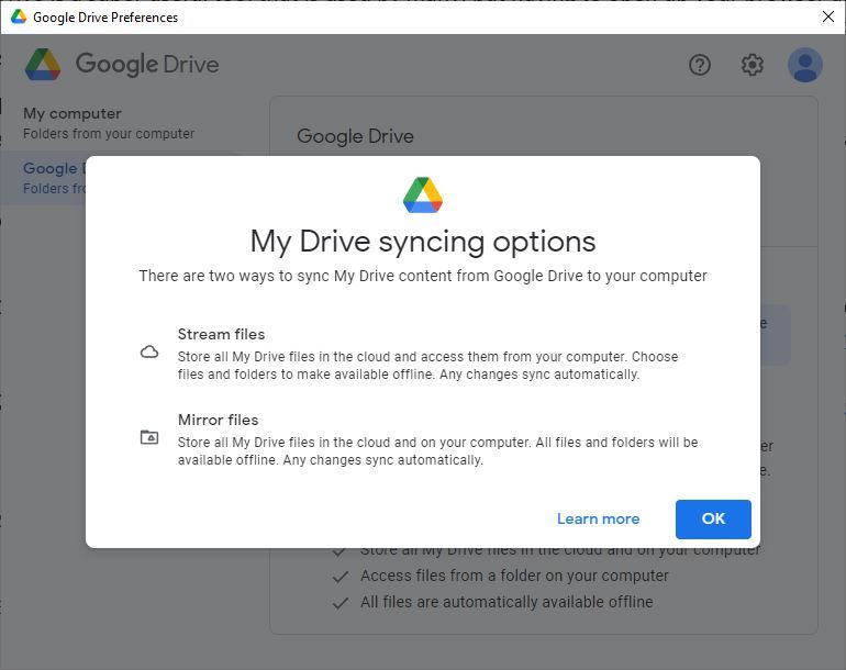 A Screenshot of the Google Drive Syncing Options