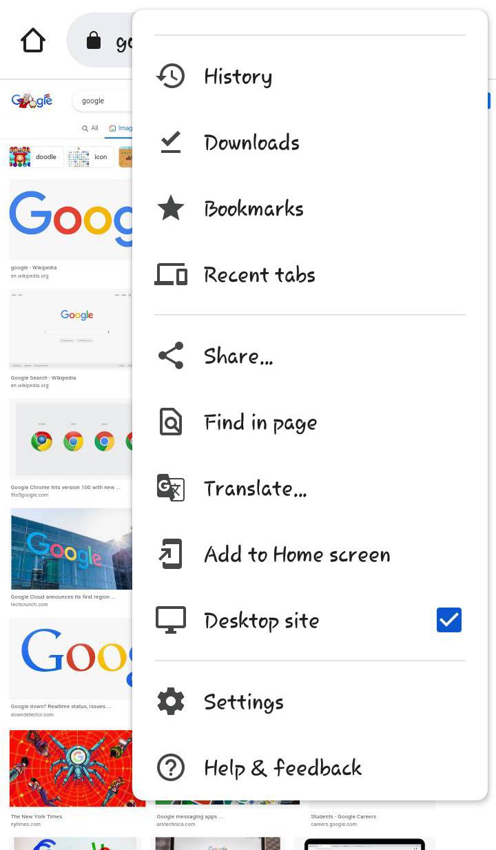 Google Chrome Desktop Site screenshot