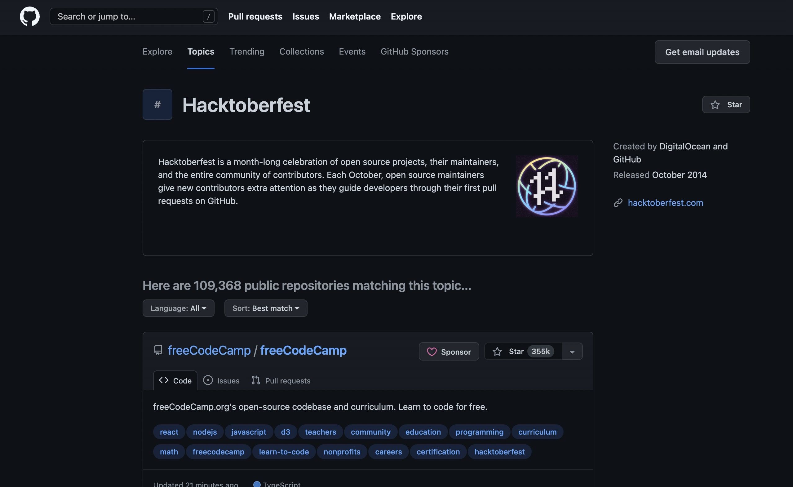 لیستی از پروژه های Hacktoberfest در وب سایت GitHub.