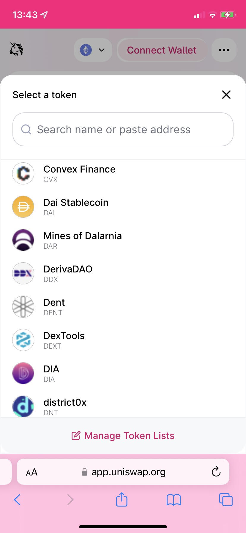 Select a token list in Uniswap app 