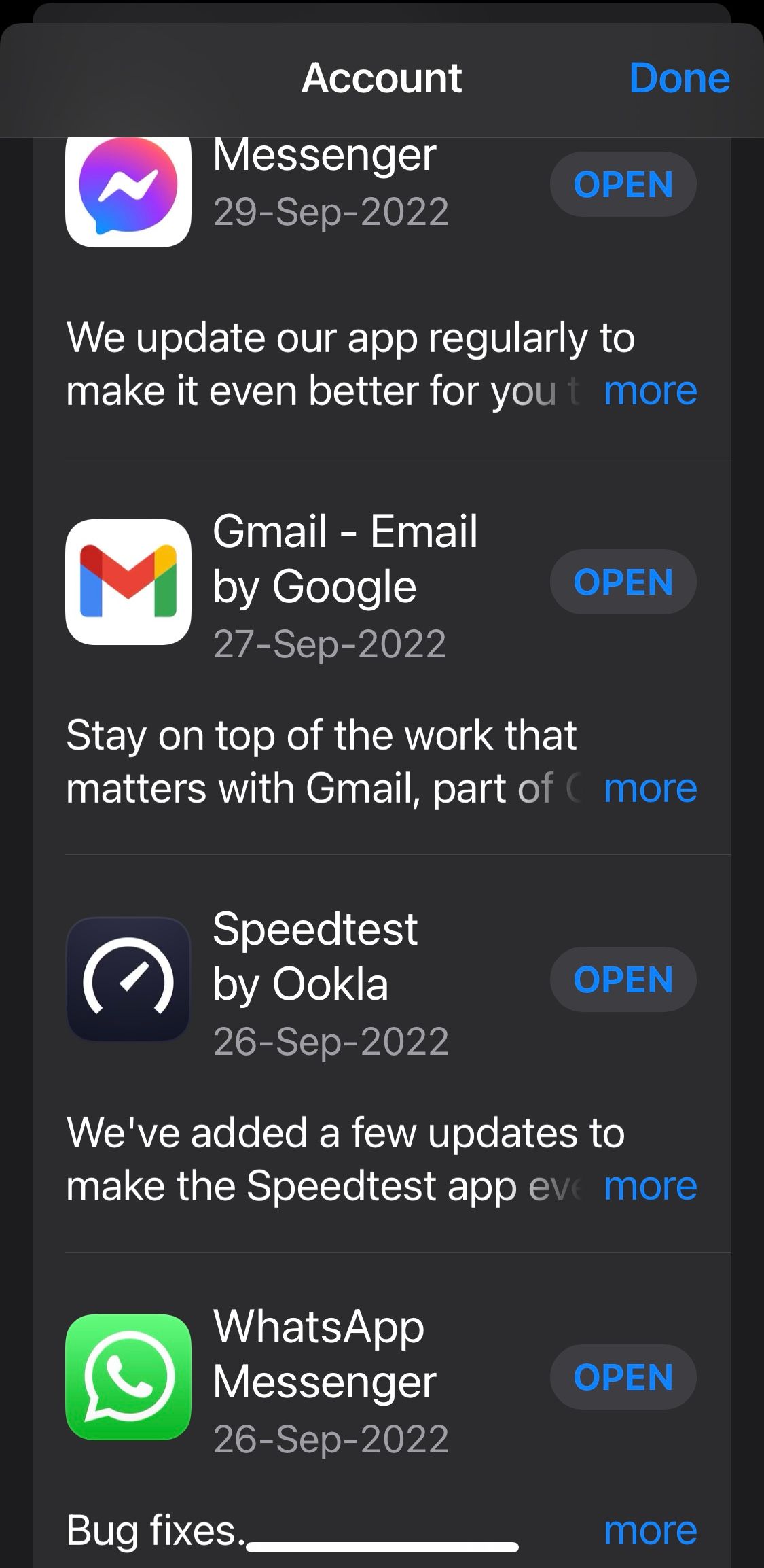 Selecting WhatsApp from the List of Apps with Updates Available in the App Store on iOS