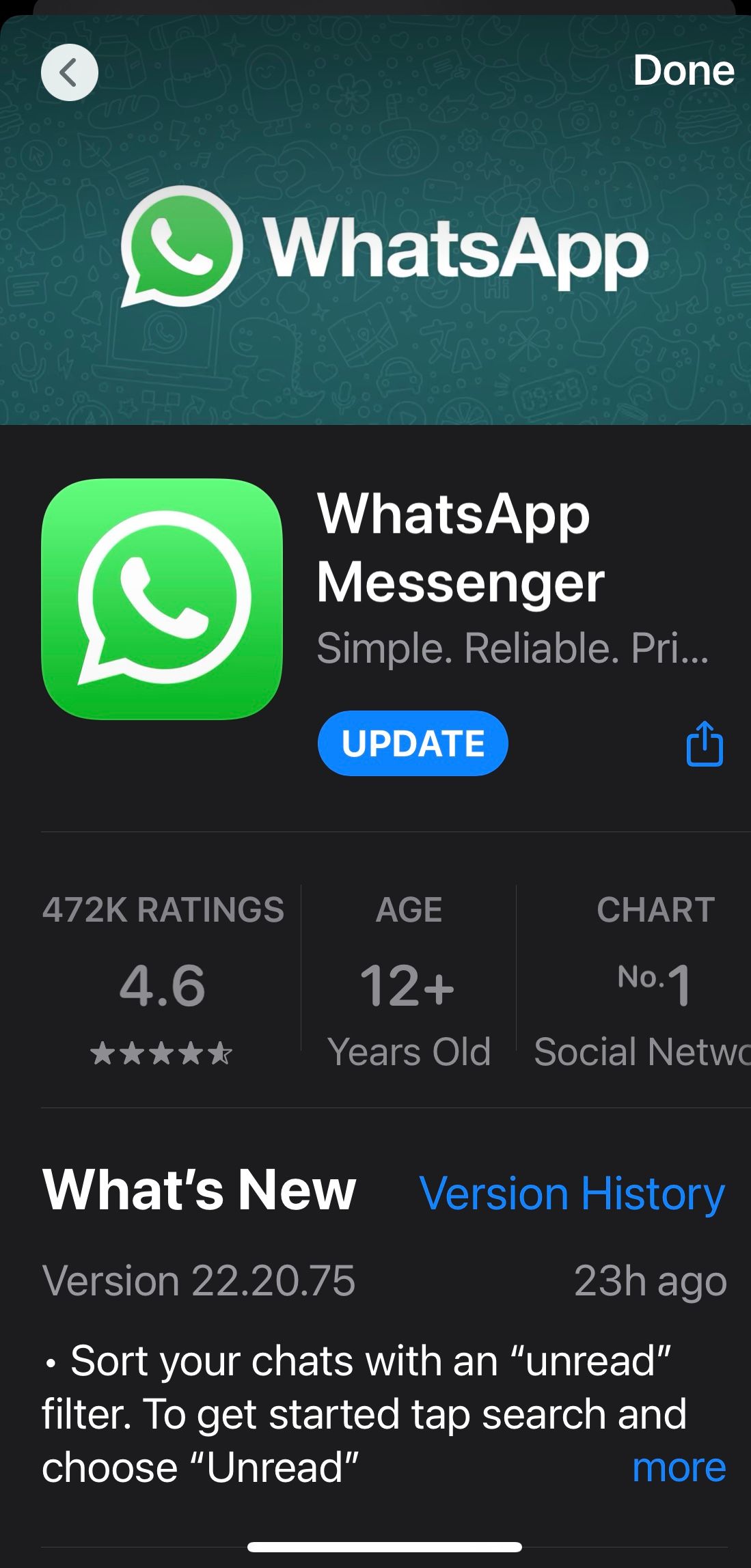 Clicking on Update Button Next to WhatsApp in the App Store on iOS