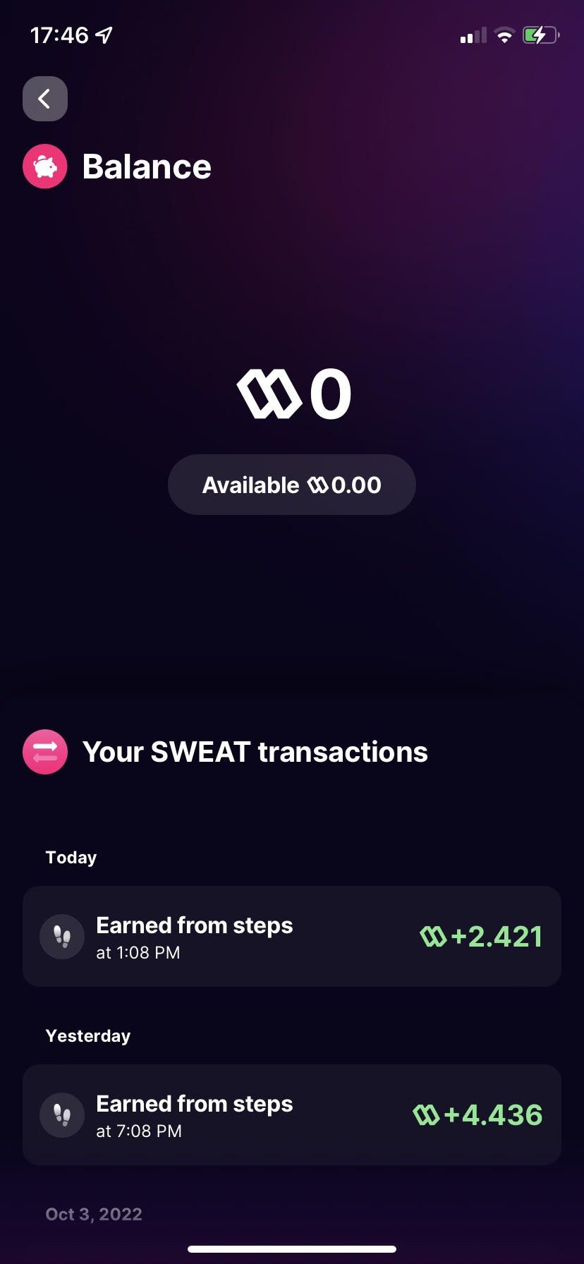 Dashboard showing detailed Sweatcoin balance