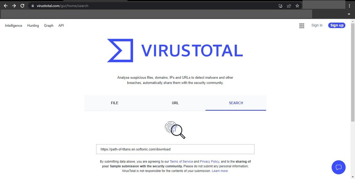 Entering the URL of the File to be Downloaded in the URL Scanner on the Virus Total Website