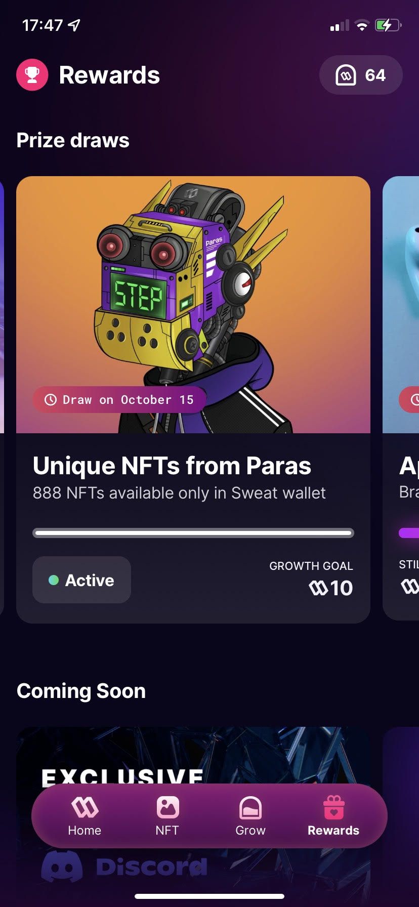 Rewards dashboard showing unique NFTs from Paris