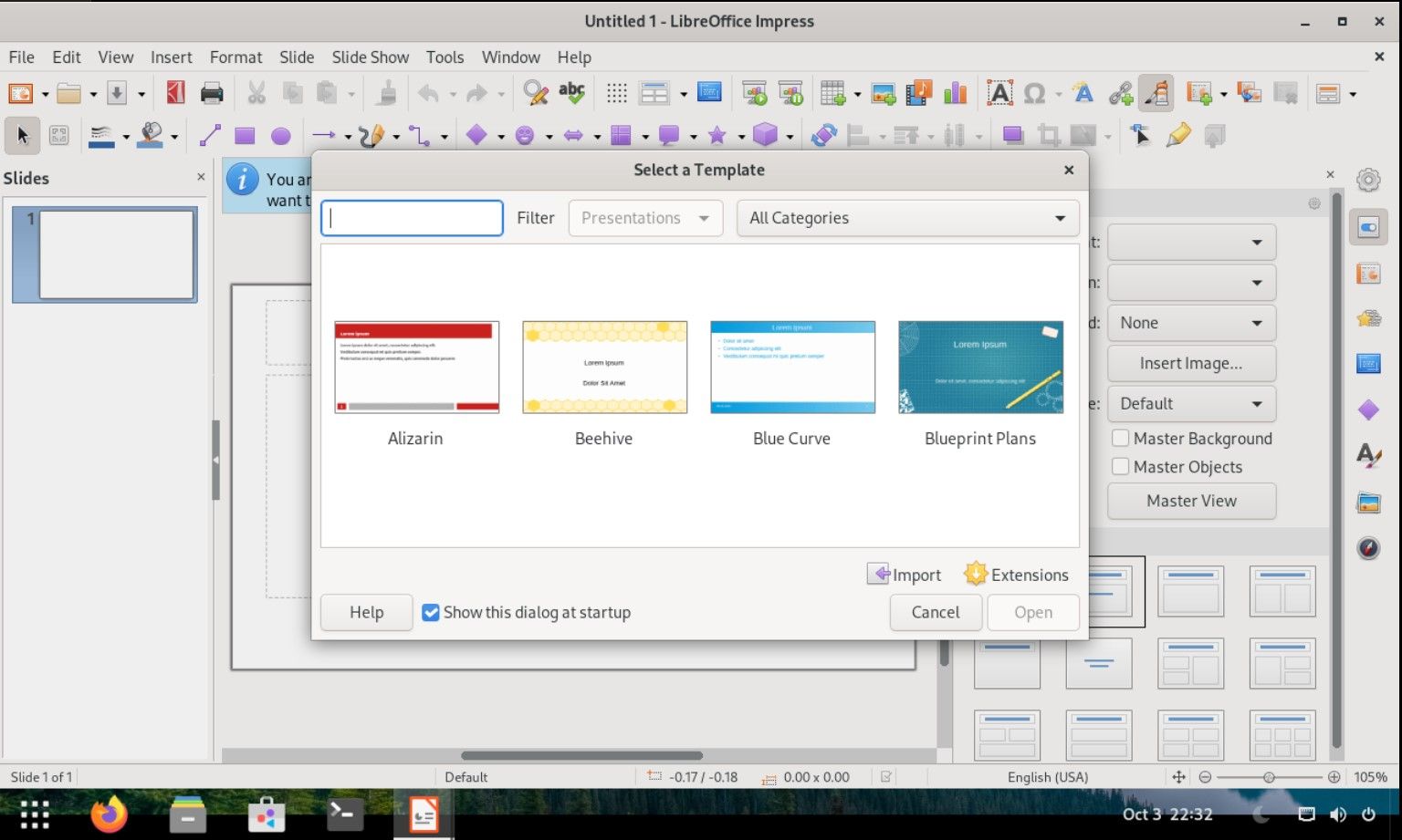 LibreOffice Impress start-up screen interface