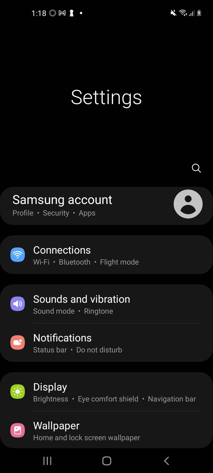 Settings page on Android