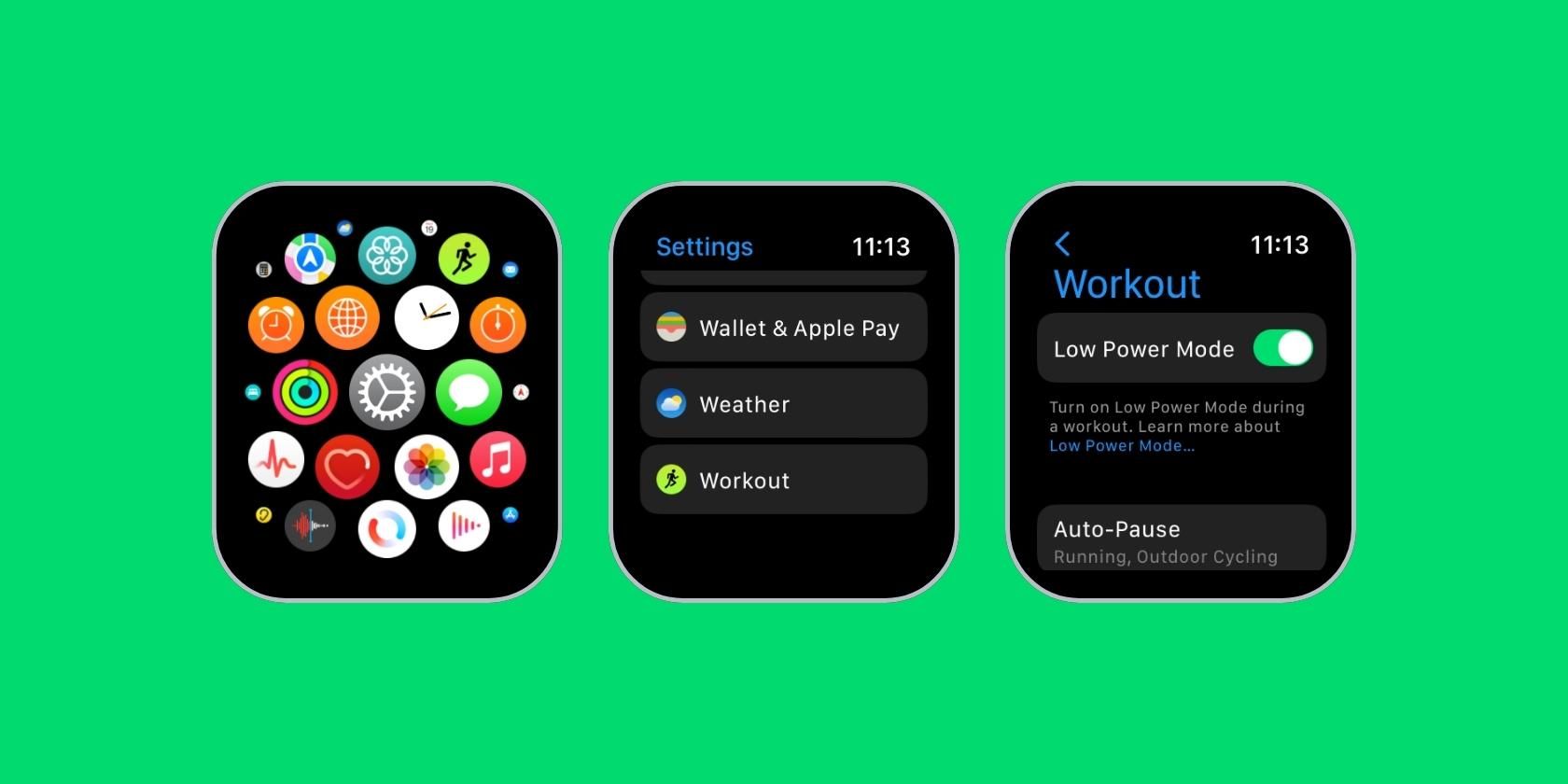 image showing how to enable Low Power Mode automatically during Workouts on Apple Watch