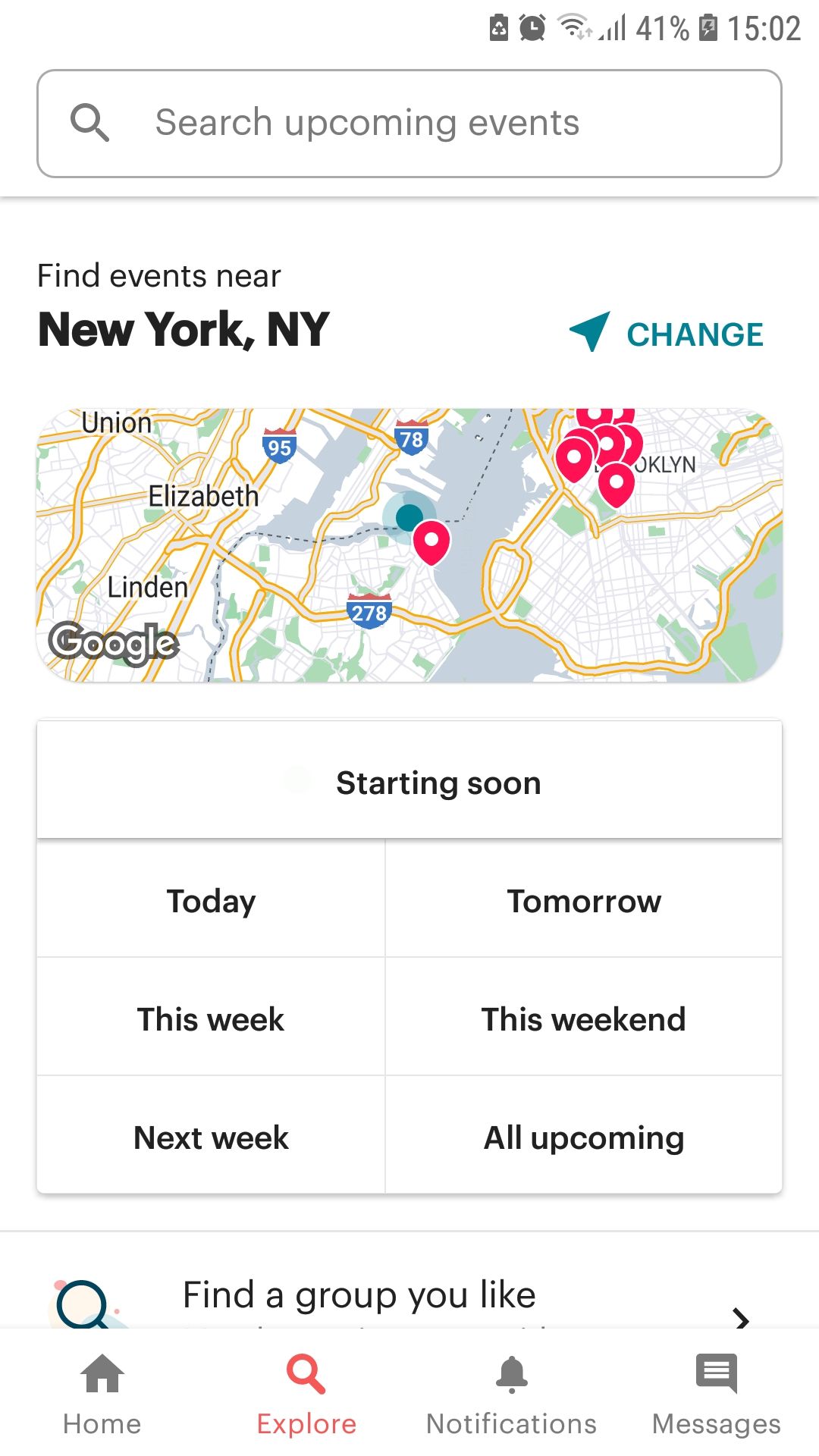 Meetup groups events mobile app map