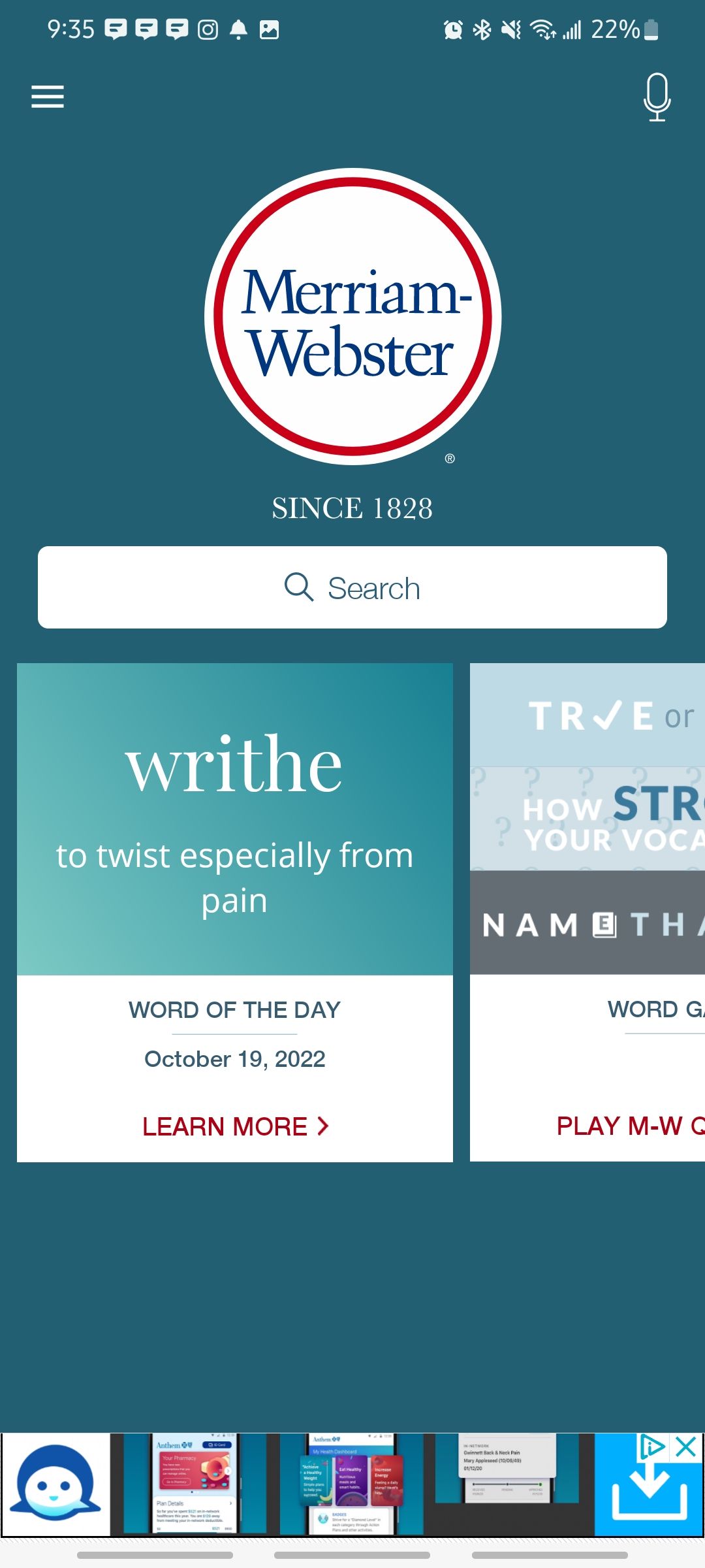 Merriam-Webster Dictionary app search bar for finding a word to define