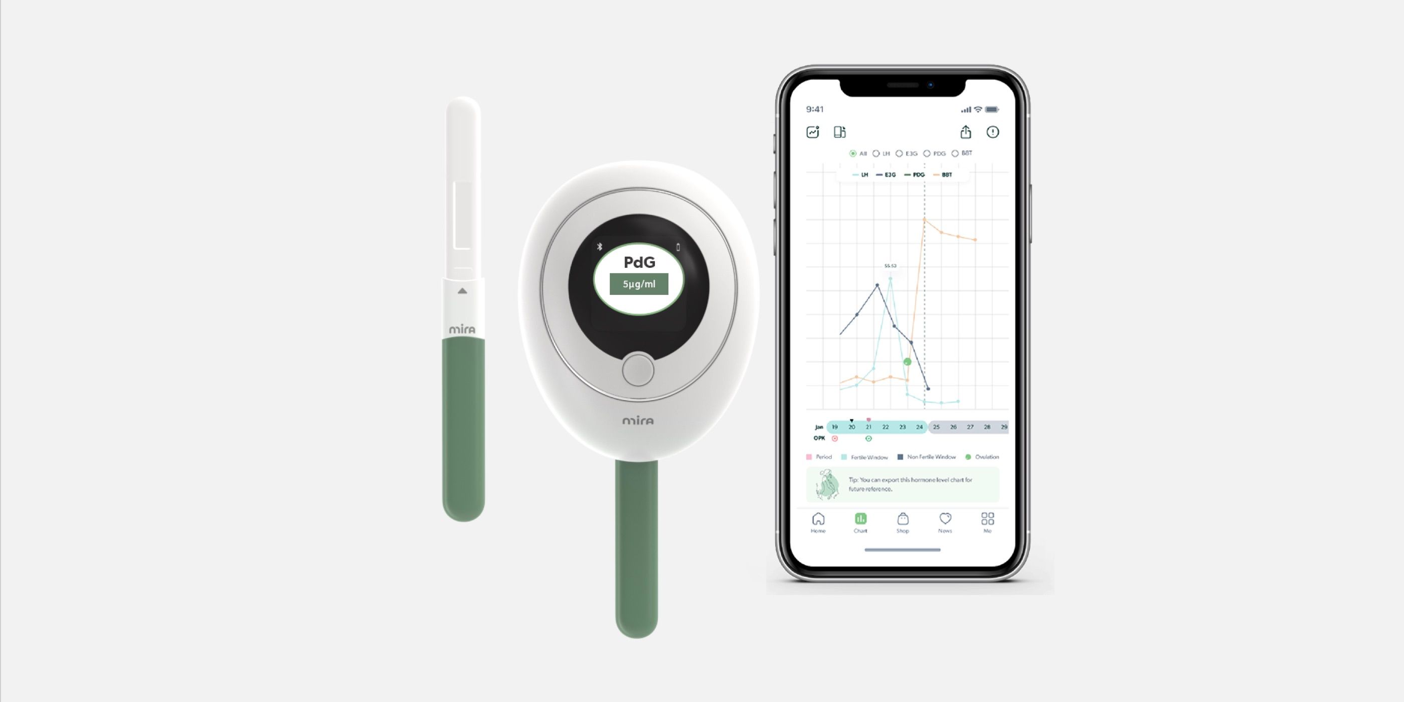 Mira Hormone Tracker, Wand, and App Product Shot