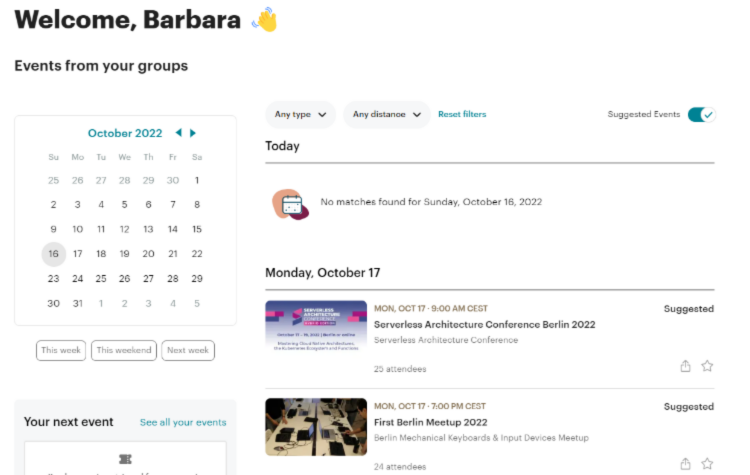 Meetup app events