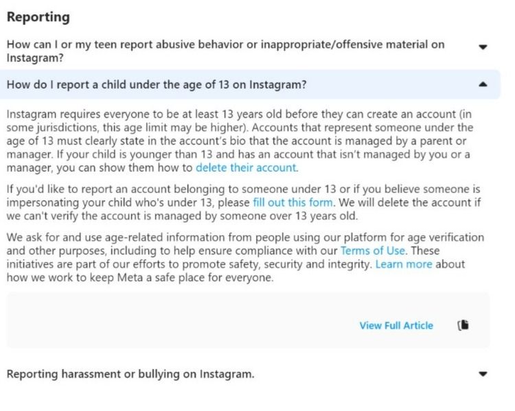 Instagram's terms for reporting underage users