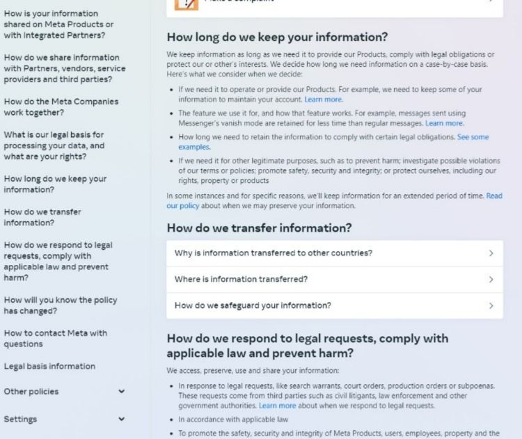 Meta Privacy Policy screenshot