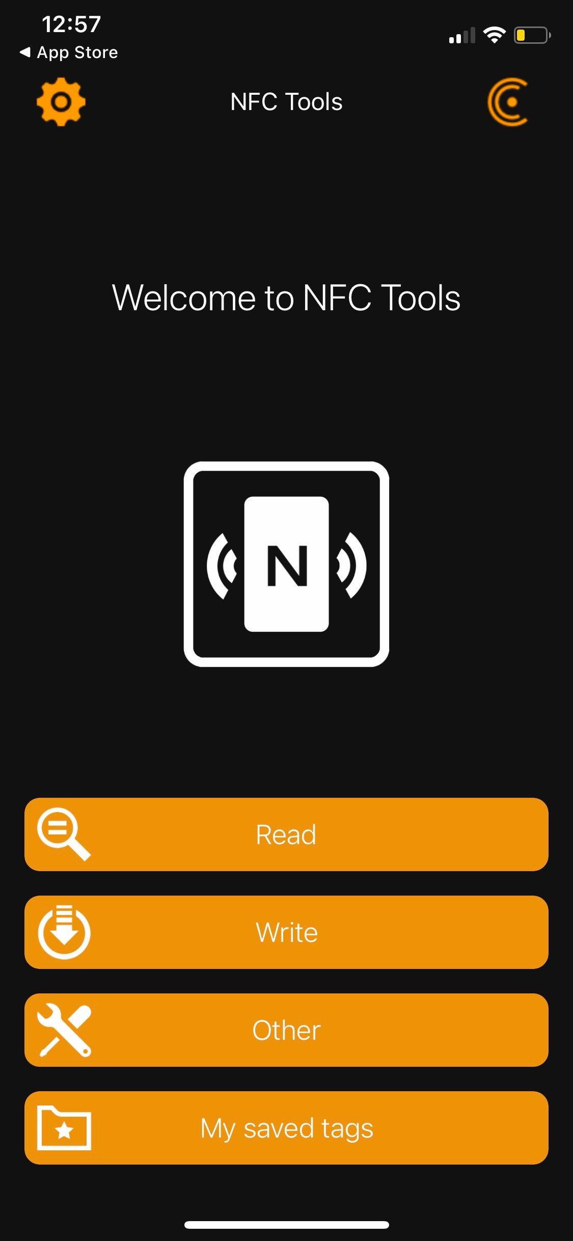 Screenshot of NFC Tools app homepage.
