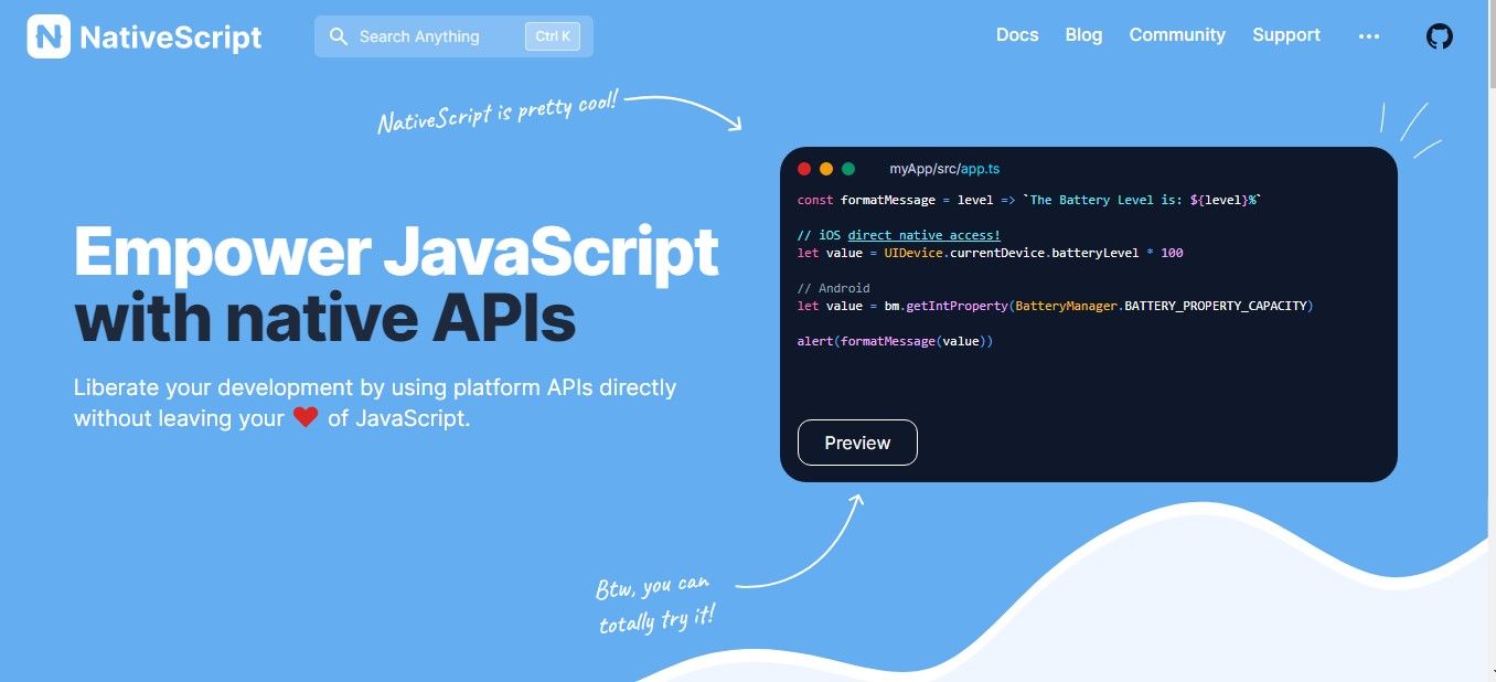 NativeScript’s Landing Page