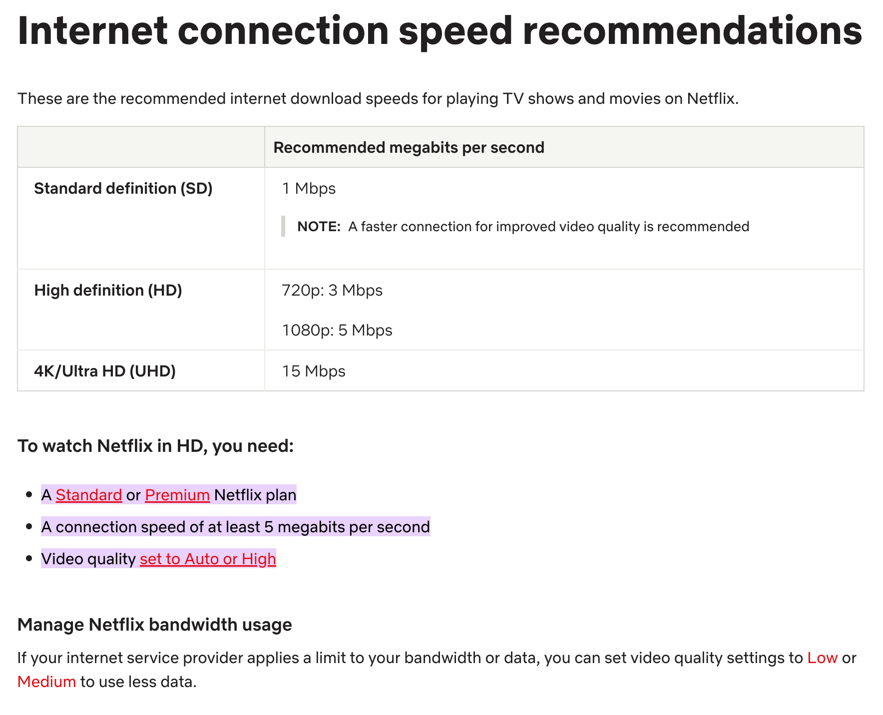 Netflix internet connection recommendations screenshot