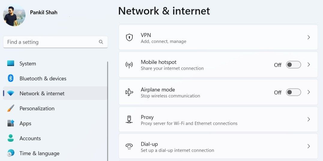 Network and Internet Settings on Windows 11