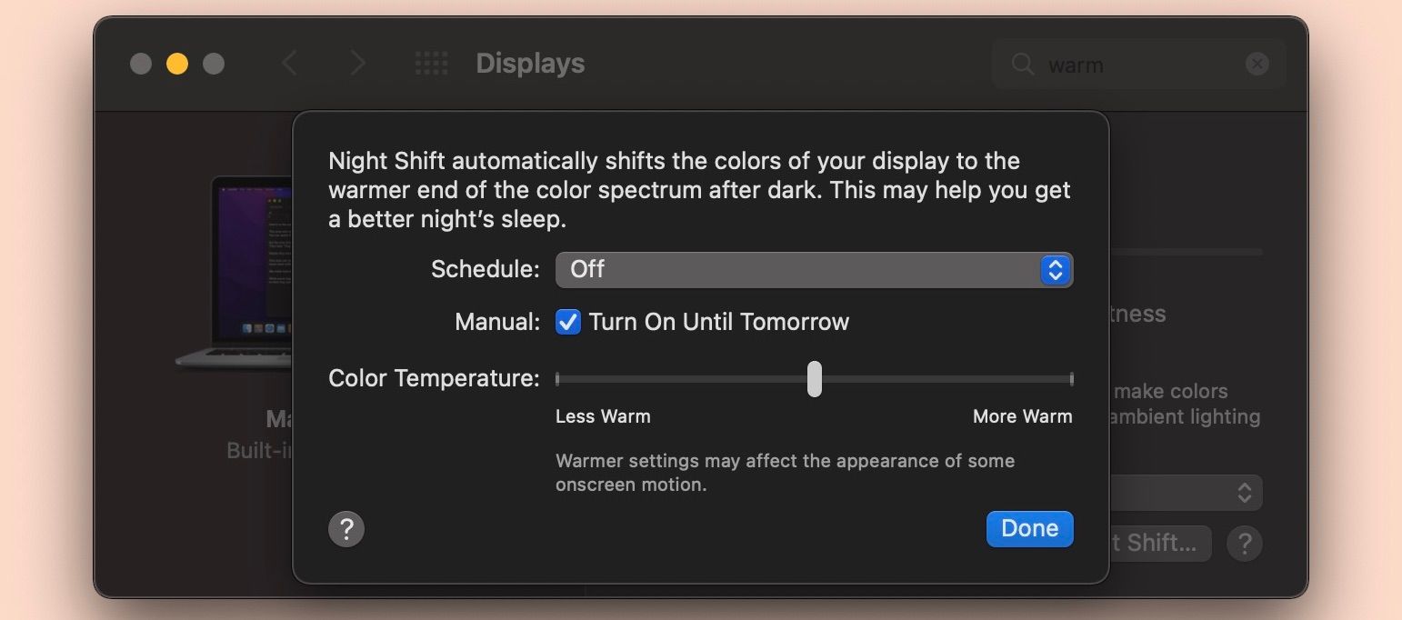 Night Shift window on Mac