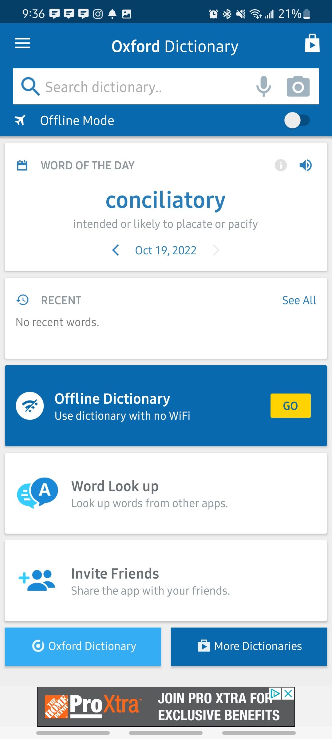 Oxford Dictionary of English app home tab