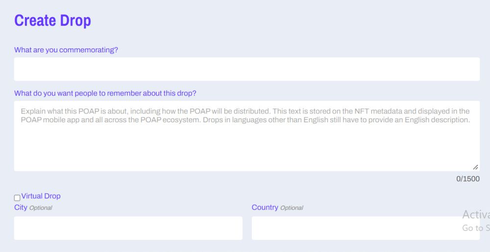 Screenshot of POAP drop form showing first 4 fields on POAP website
